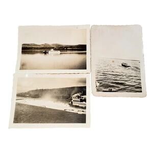 Lot of 3 Vtg B&W 1940s Photos of Ship Boat On Water Sailing Ocean Trip Snapshot
